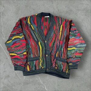 Vintage Coogi Sweater Mens Medium Multicolor 3D‎ Knit Hip Hop Retro 90s Cardigan